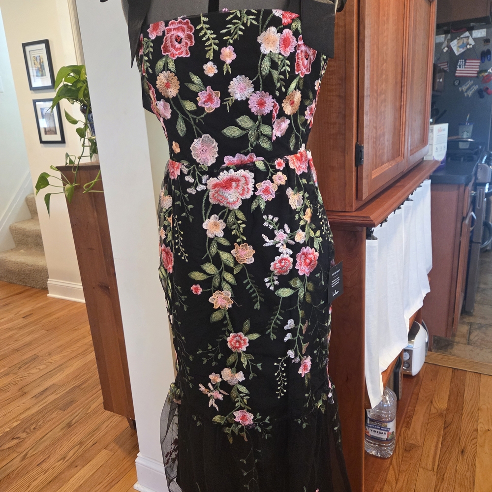 Lulu's Tie Strap Black Dress with Embroidered Floral Design